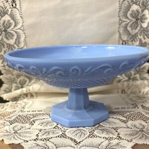 Antique Jeannette Glass 1920's Delphite Blue Pedestal Bowl Plate Dish